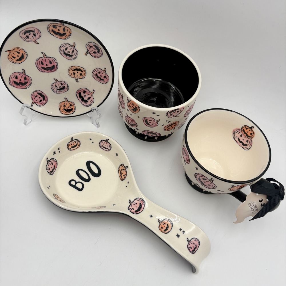 Potters Studio Halloween Ceramic Mug, Plate, Spoon Rest, Pedestal Bowl Set